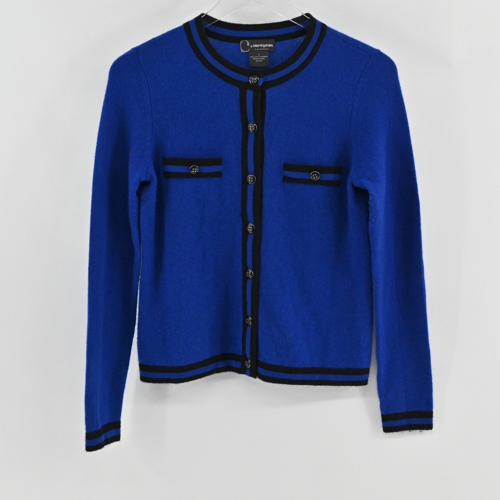C by Bloomingdales Cashmere Cardigan Womens Size S Blue Black Preppy Old Money